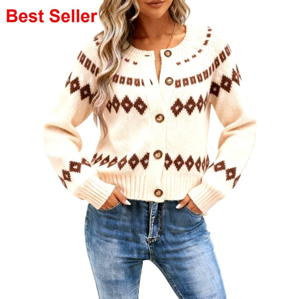 Fair Isle Cropped Cardigan, Chunky Knit, Long Sleeve, Crewneck, Fall Winter